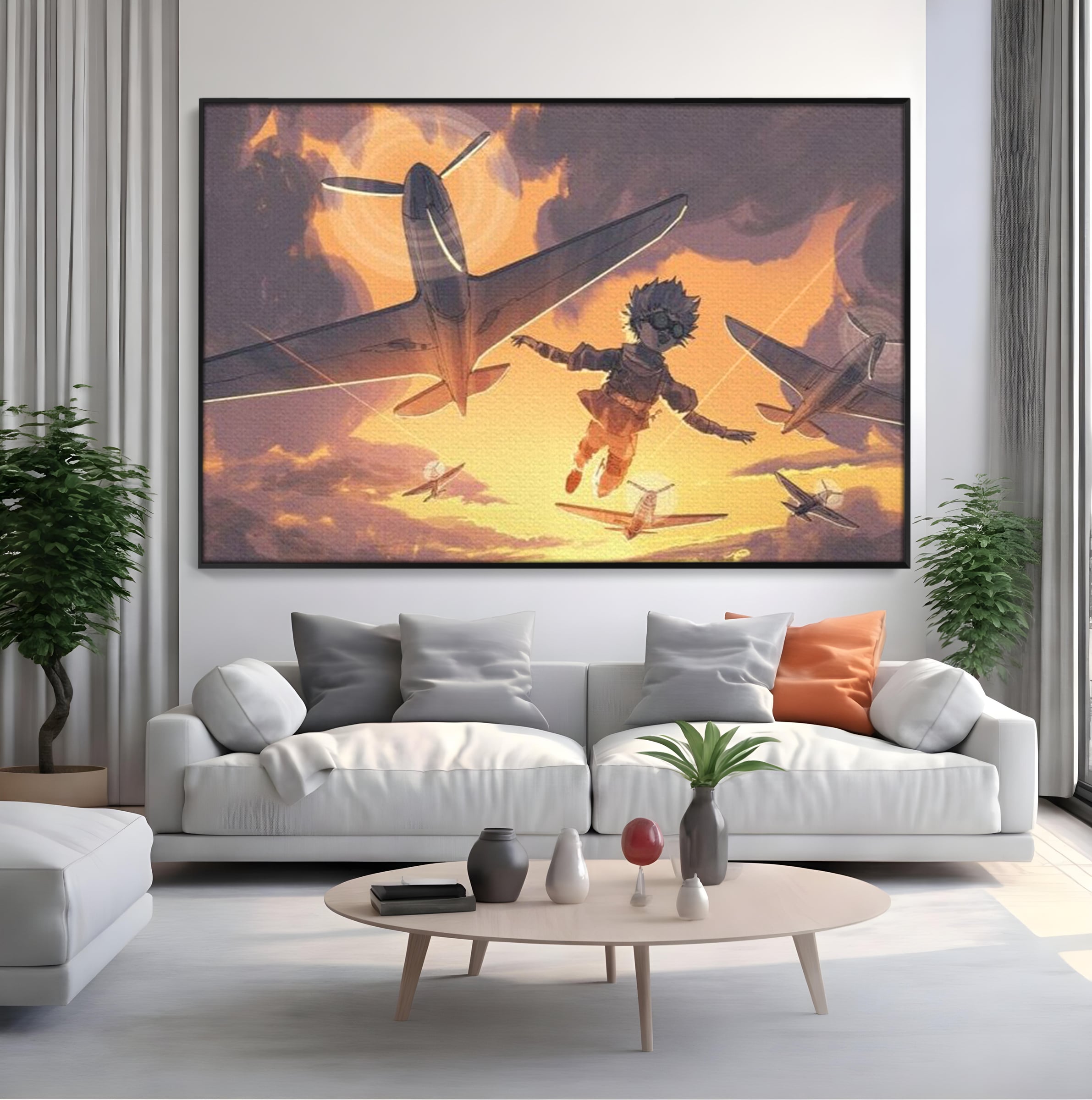 Tablou canvas cu ilustratie digitala cu un baietel zburand alaturi de avioane, in rama de aluminiu negru, pe perete intr-un living